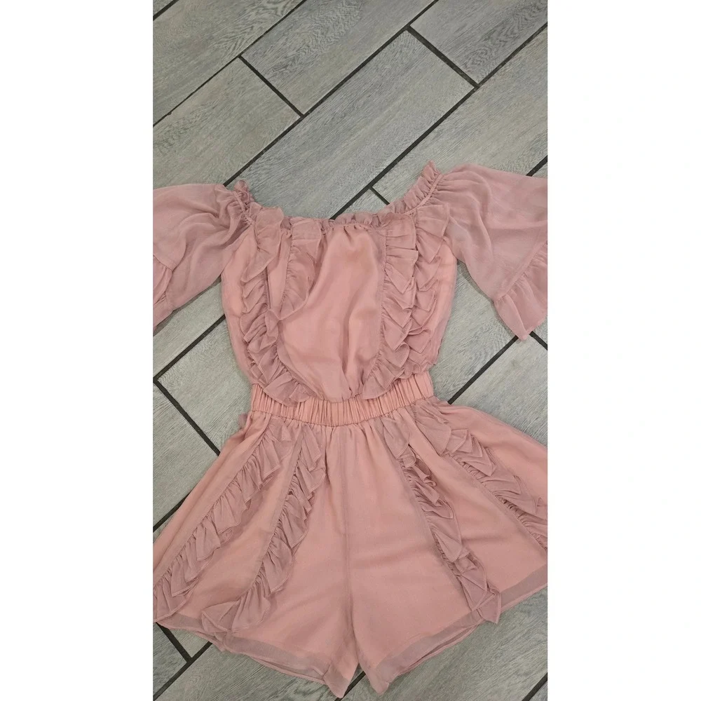 Endless Rose Pink Ruffle Off The Shoulder Romper Smocked Waist Chiffon XS
